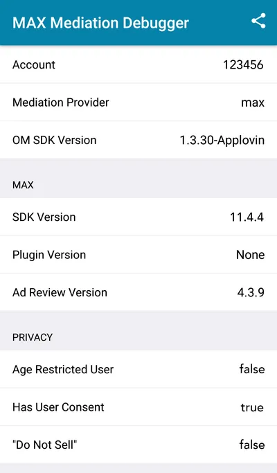 MAX Mediation Debugger. Age Restricted User: false. Has User Consent: true. Do Not Sell: false.