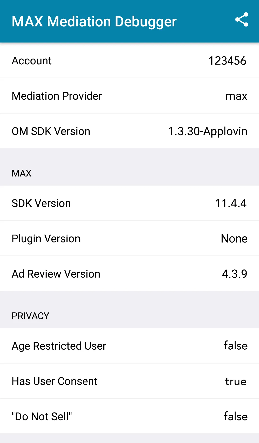 MAX Mediation Debugger. Age Restricted User: false. Has User Consent: true. Do Not Sell: false.