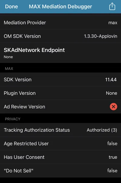 MAX Mediation Debugger. Age Restricted User: false. Has User Consent: true. Do Not Sell: false.