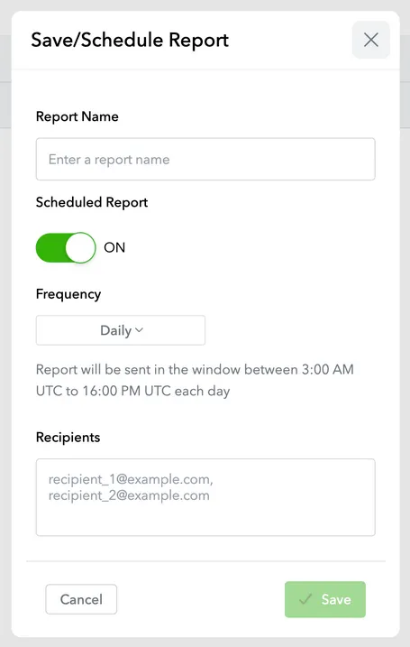 Save/Schedule Report. Report Name input field. Scheduled Report on/off toggle. Frequency drop-down: Daily. Report will be sent in the window between 3:00 AM UTC to 16:00 PM UTC each day. Recipients input field (email addresses). Cancel button. Save button.