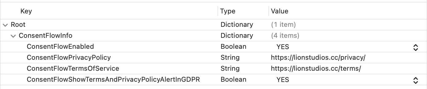 Root > ConsentFlowInfo > ConsentFlowEnabled (Boolean) = YES, ConsentFlowPrivacyPolicy (String) = https://lionstudios.cc/privacy/, ConsentFlowTermsOfService (String) = https://lionstudios.cc/terms/