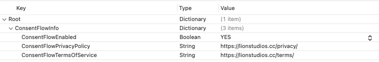 Root > ConsentFlowInfo > ConsentFlowEnabled (Boolean) = YES, ConsentFlowPrivacyPolicy (String) = https://lionstudios.cc/privacy/, ConsentFlowTermsOfService (String) = https://lionstudios.cc/terms/