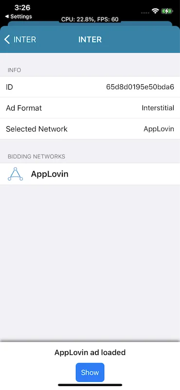 INTER: Info, Bidding networks. AppLovin ad loaded. Show.