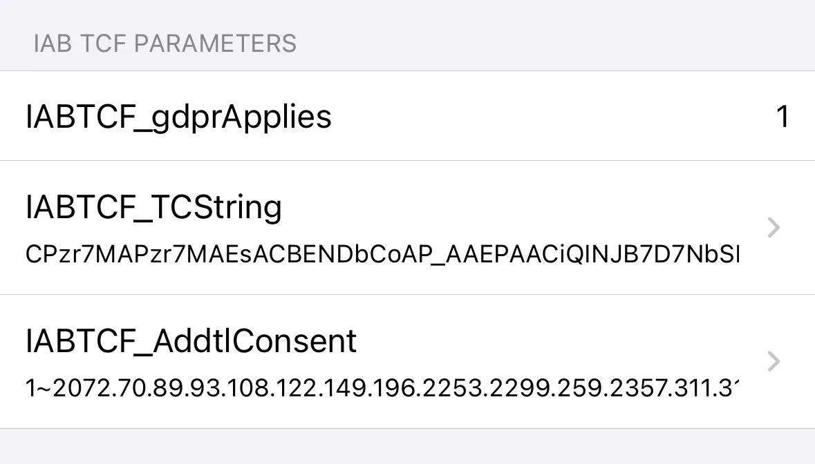 IAB TCF Parameters: IABTCF_gdprApplies, IABTCF_TCString, IABTCF_AddtlConsent