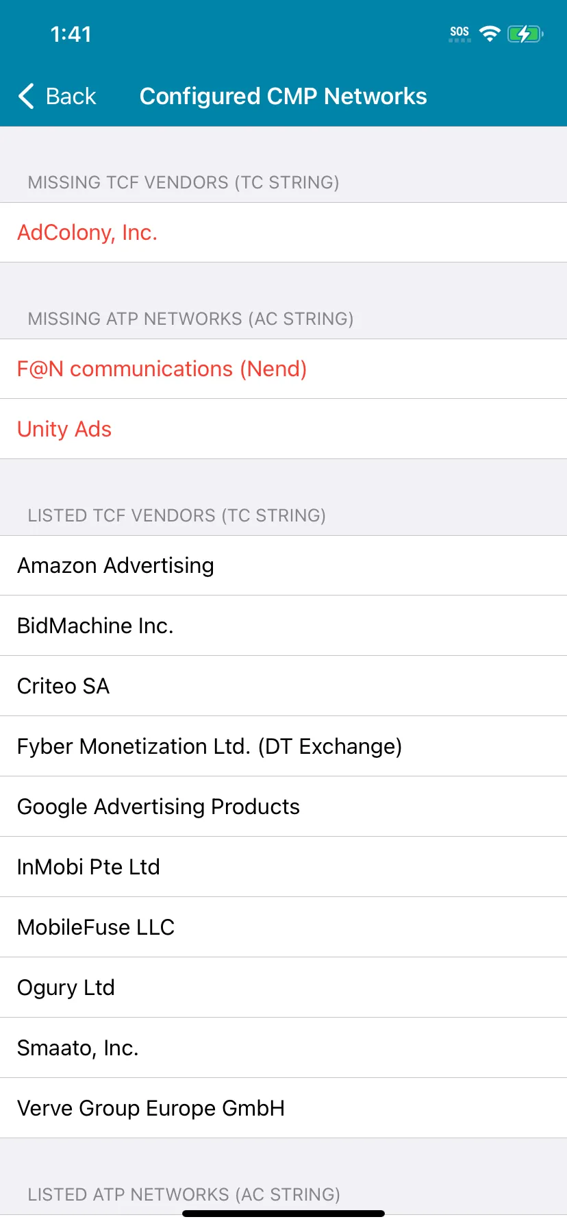 Configured CMP Networks: Missing TCF Vendors (TC String), Missing ATP Networks (AC String), Listed TCF Vendors (TC String)