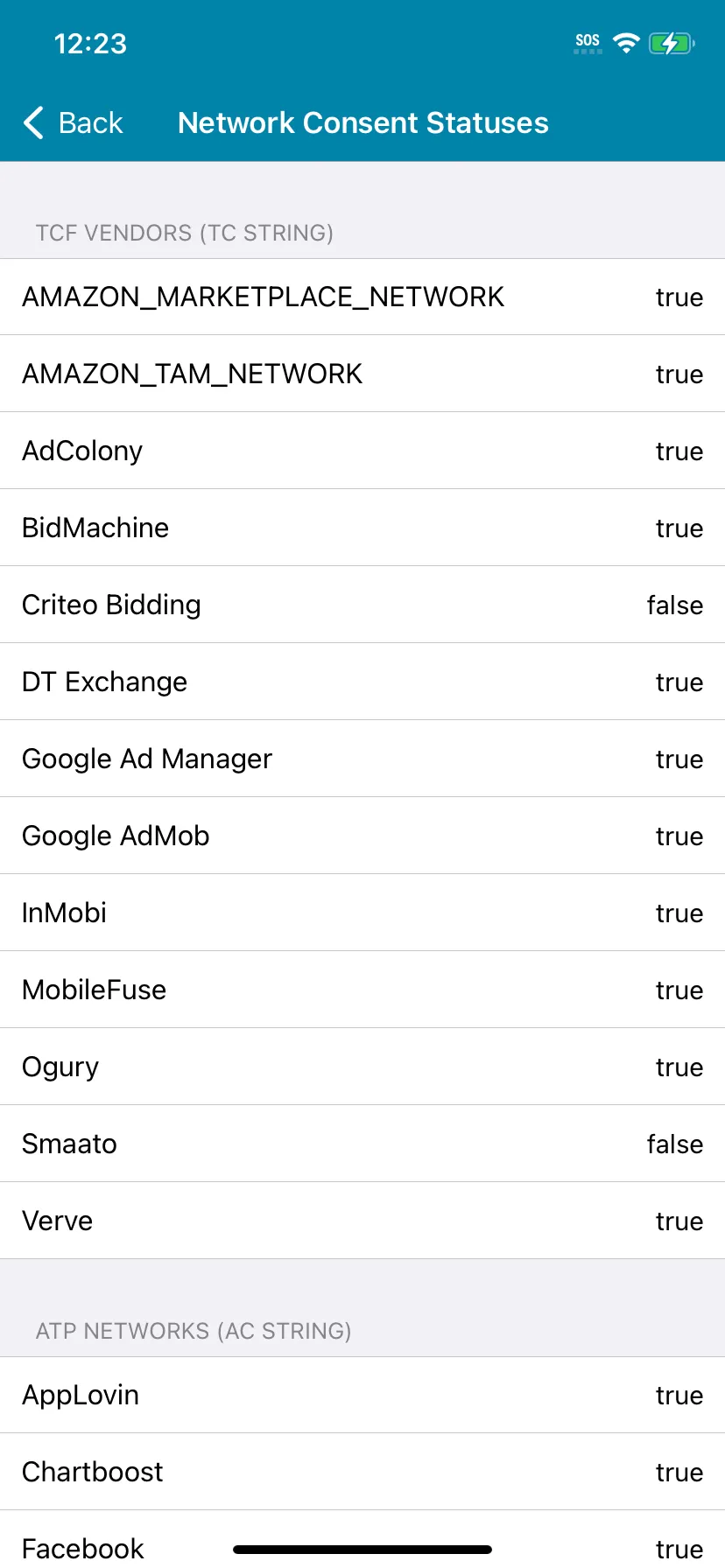 Network Consent Statuses: TCF Vendors (TC String), ATP Networks (AC String)