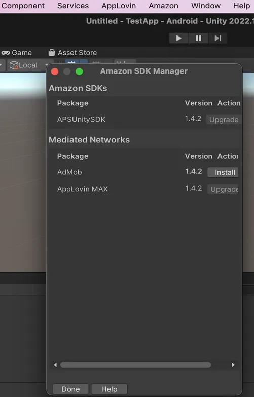 Amazon SDK Manager: Mediated Networks. AppLovin MAX.