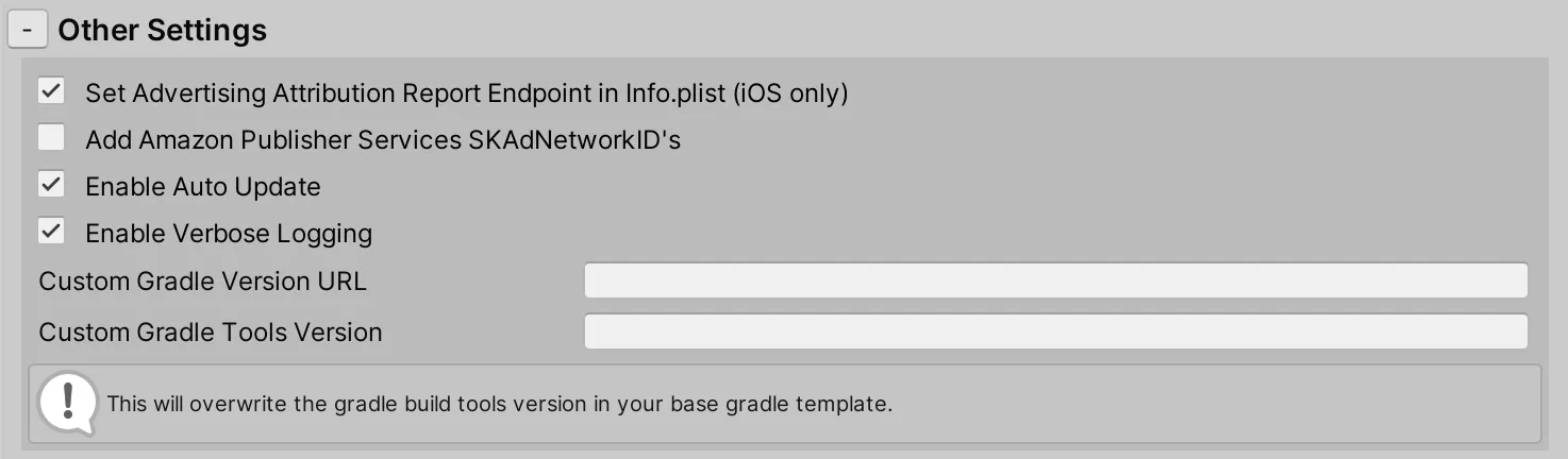 Other Settings: ☑ Set Advertising Attribution Report Endpoint in Info.plist (iOS only), ☑ Enable Auto Update, ☐ Enable Verbose Logging