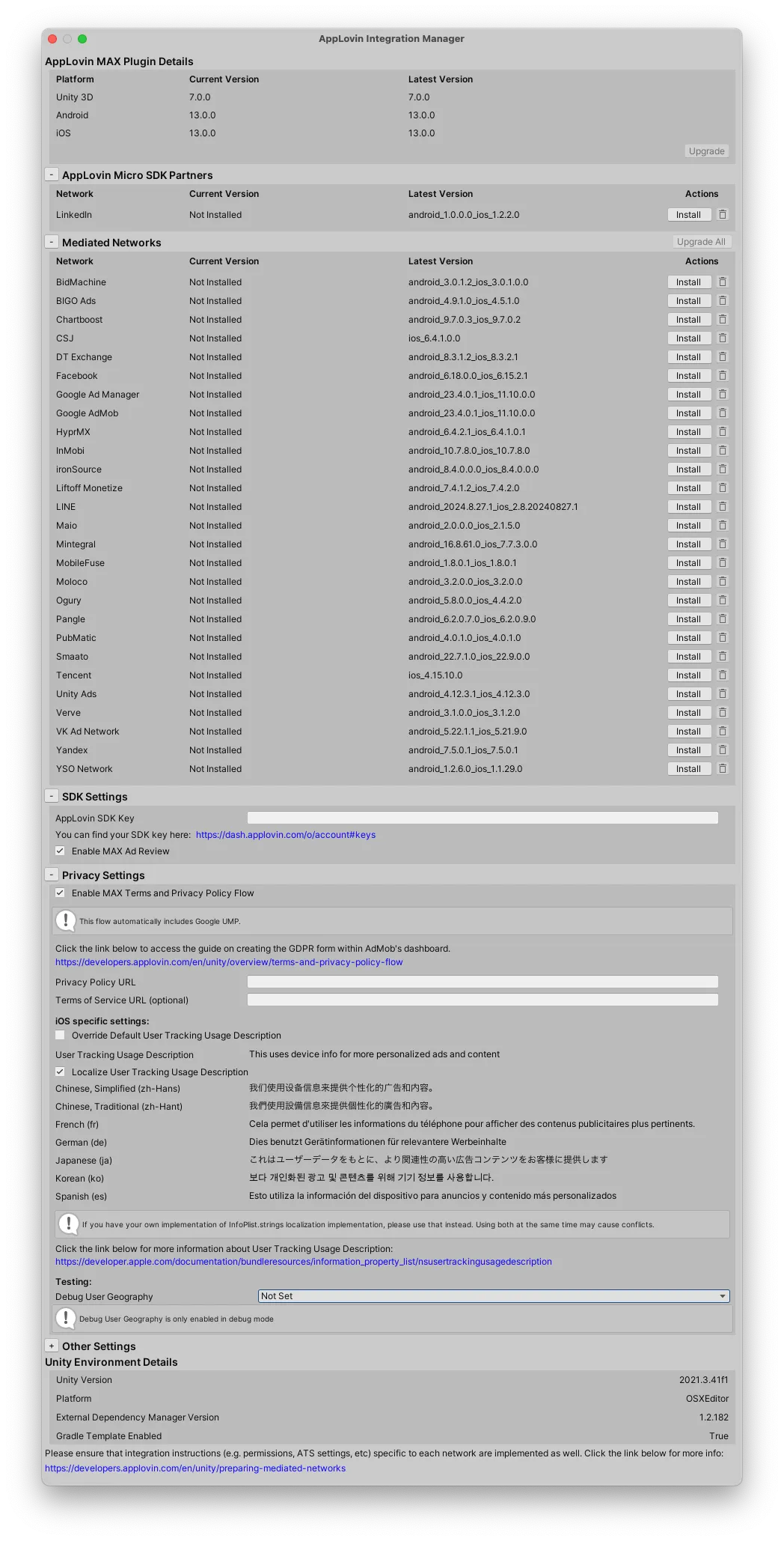 AppLovin Integration Manager: AppLovin MAX Plugin Details. Mediated Networks. AppLovin Quality Service. Unity Environment Details