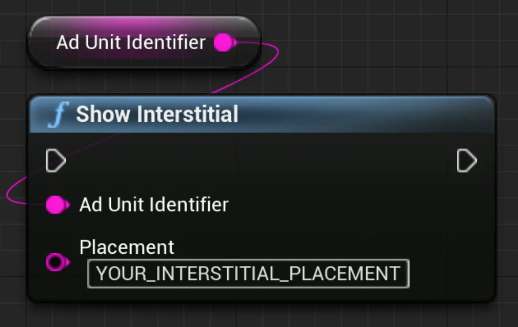 Ad Unit Identifier. Show Interstitial: Ad Unit Identifier. Placement: YOUR_INTERSTITIAL_PLACEMENT.