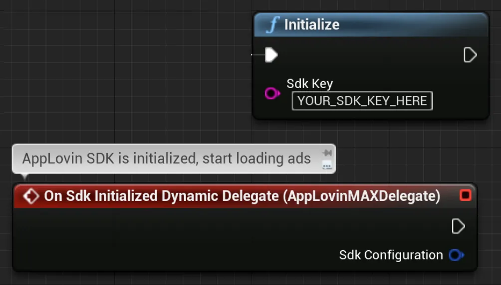 Set User Id. User Id. USER_ID. Initialize. Sdk Key. YOUR_SDK_KEY_HERE. AppLovin SDK is initialized, start loading ads. On Sdk Initialized Dynamic Delegate (AppLovinMAXDelegate). Sdk Configuration.