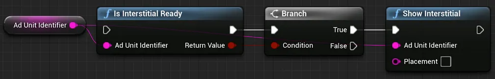 Ad Unit Identifier. Is Interstitial Ready: Ad Unit Identifier, Return Value. Branch: Condition, True/False. Show Interstitial: Ad Unit Identifier, Placement.