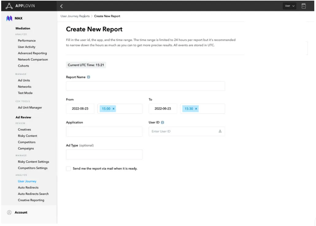 Create New Report. Fill in the user id, the app, and the time range. The time range is limited to 24 hours per report but it’s recommended to narrow down the hours as much as you can to get more precise results. All events are stored in UTC.
