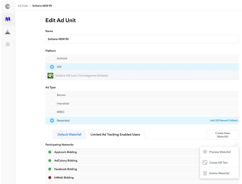 Edit Ad Unit: Name text field. Platform radio buttons (Android, iOS). Ad Type radio buttons (Banner, Interstitial, MRec, Rewarded). Limited Ad Tracking Enabled Users. Create New Waterfall. Participating Networks. Preview Waterfall. Create AB Test. Delete Waterfall.