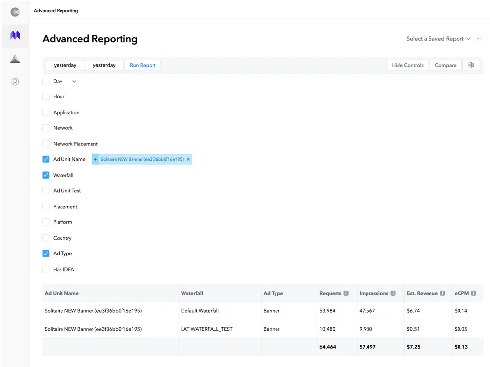 Advanced Reporting. Select a Saved Report. yesterday, Run Report, Hide Controls, Compare. Checkboxes: Day, Hour, Application, Network, Network Placement, Ad Unit Name, Placement, Platform, Country, Ad Type, Has IDFA. Table: Ad Unit Name, Waterfall, Ad Type, Requests, Impressions, Estimated Revenue, eCPM.