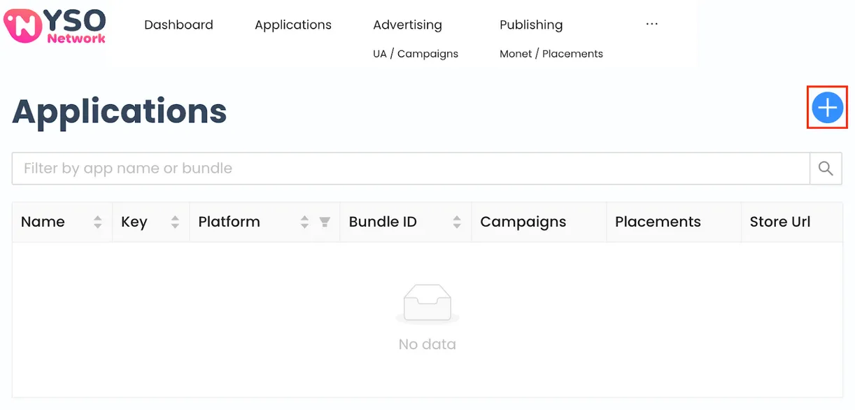 Applications. Plus button. Filter by app name or bundle (input field). Table column headers: Name, Key, Platform, Bundle I.D., Campaigns, Placements, Store U.R.L.