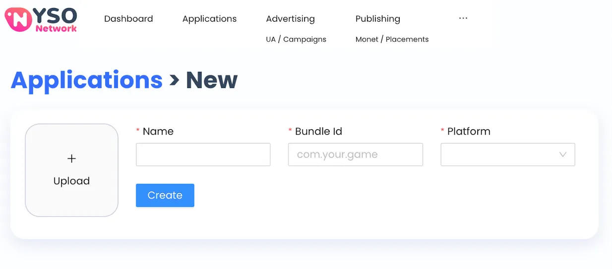 Applications > New. Upload. Name input field. Bundle I.D. input field. Platform drop-down. Create button.