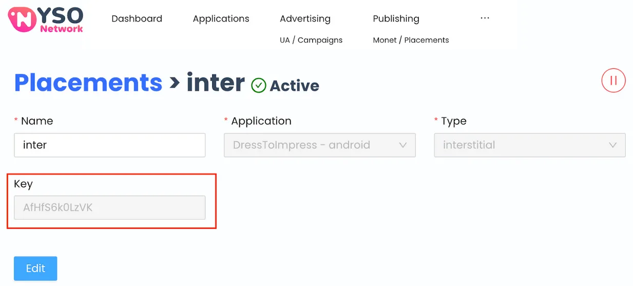 Placements > inter. ✅ Active. Pause button. Name input field. Application drop-down. Type drop-down. Key. Edit button.